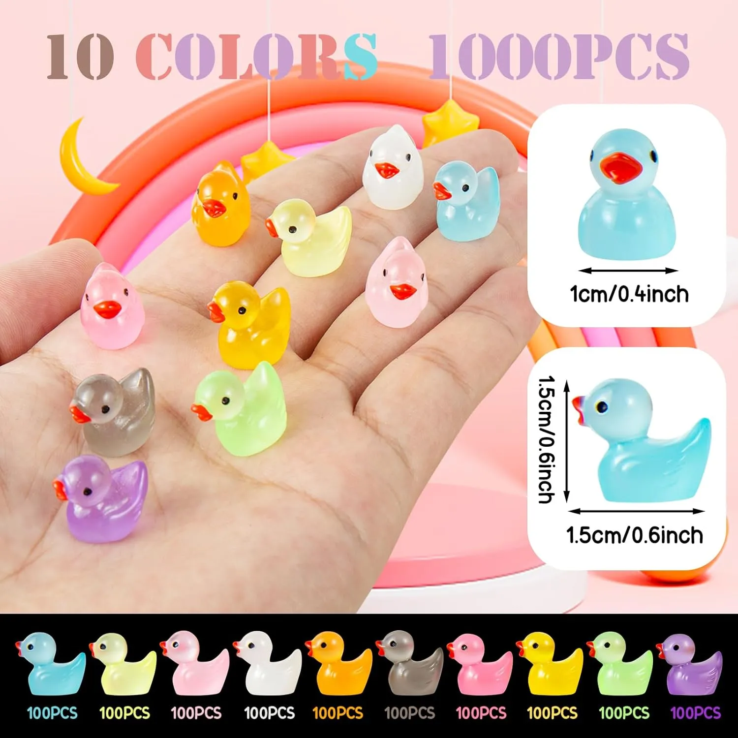 1000Pcs Luminous Mini Resin Duck Tiny Duck Figurine for Fairy Garden Landscape Aquarium Potted Plant Prank Game DIY Ornament Party to Hide, Miniature Dollhouse Accessories, Glow in The Dark, 10 Colors