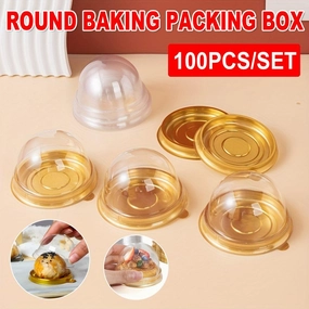 100pcs Round Gold Plastic Bakery Food Packaging Boxes for Cake Dessert Packaging