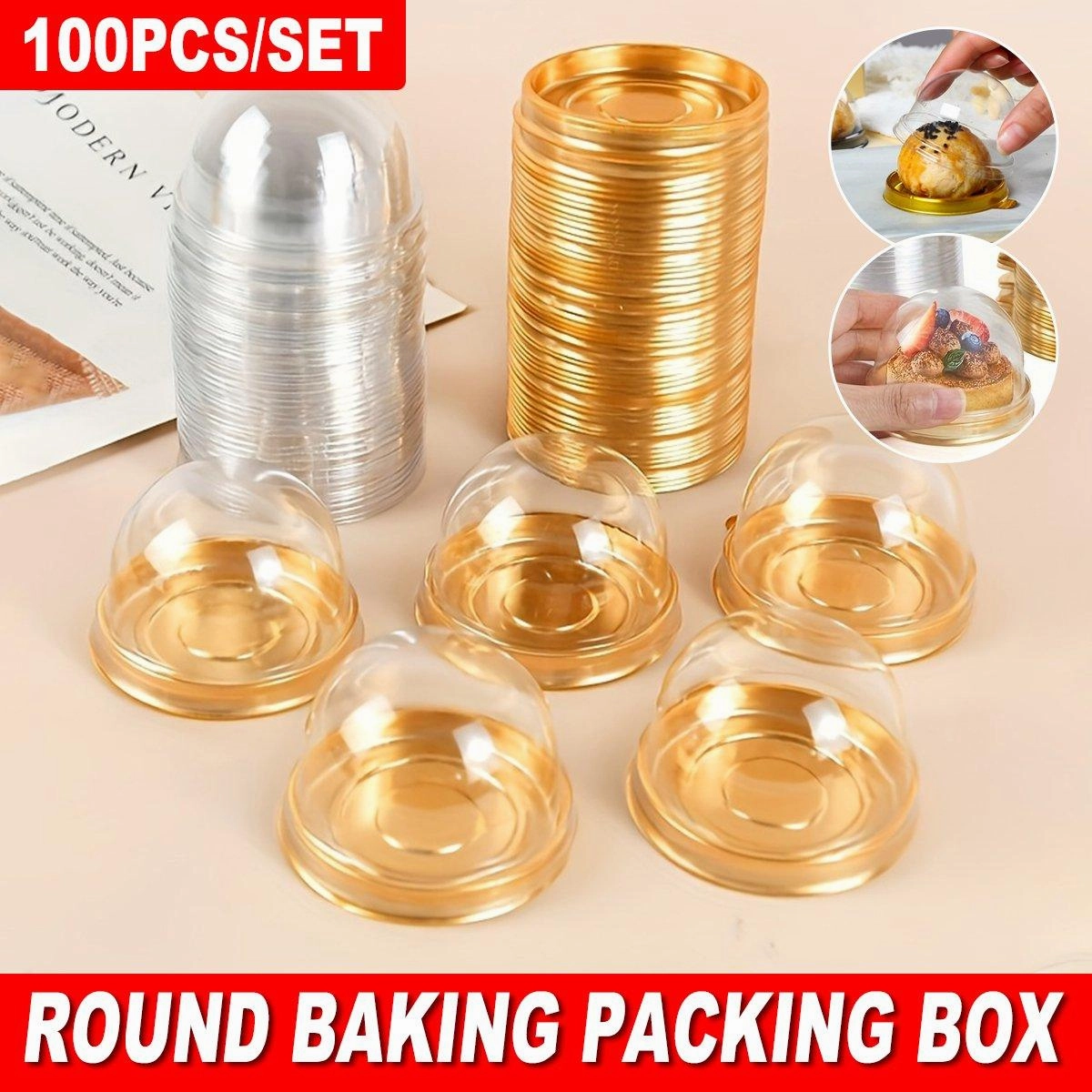 100pcs Round Gold Plastic Bakery Food Packaging Boxes for Cake Dessert Packaging