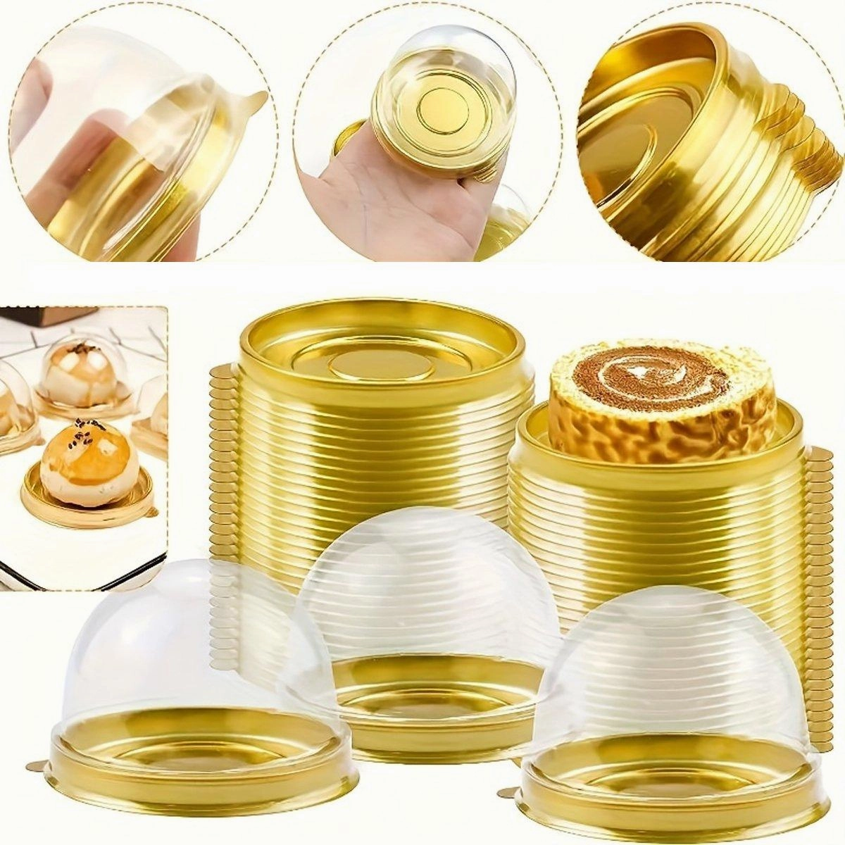 100pcs Round Gold Plastic Bakery Food Packaging Boxes for Cake Dessert Packaging