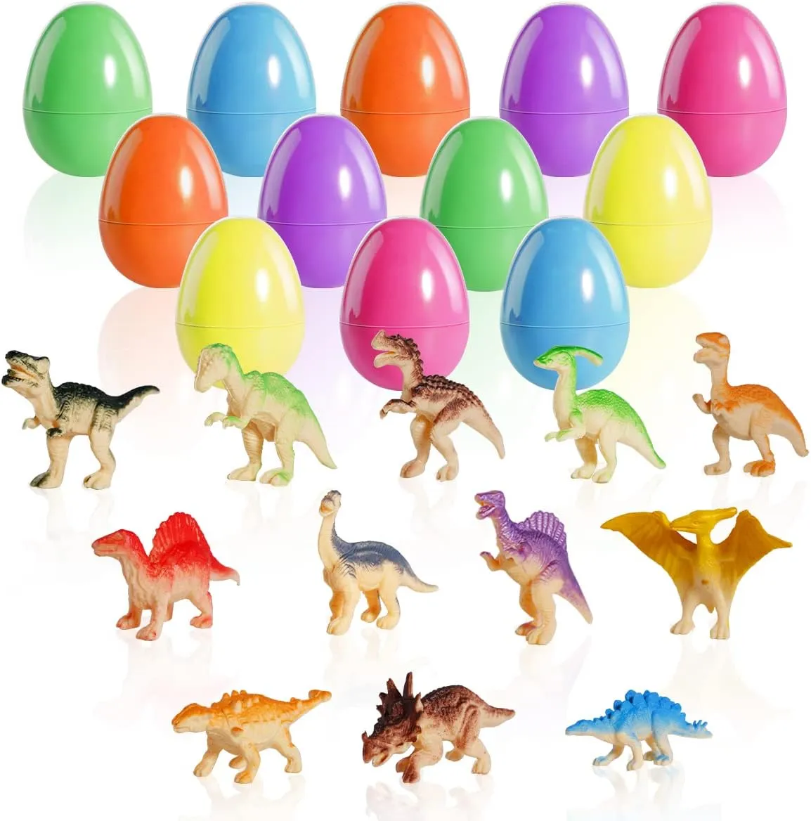 12 Pack Easter Eggs Filled with Dinosaur Figures, Colorful Easter Egg Fillers, Easter Eggs with Toys, Dinosaur Egg Toys, Easter Basket Stuffers Toy Gifts Egg Hunts Party Favor for Kids (#A)