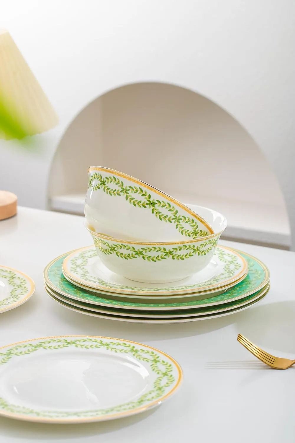 12-Piece Bone China Dinnerware Set with Glid, Refractory Bone China Dishes Set, Inner Glazed Figure, Jingdechen Craft, Sevice for 4(Green)