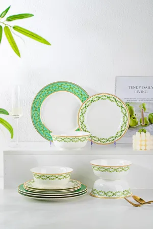 12-Piece Bone China Dinnerware Set with Glid, Refractory Bone China Dishes Set, Inner Glazed Figure, Jingdechen Craft, Sevice for 4(Green)