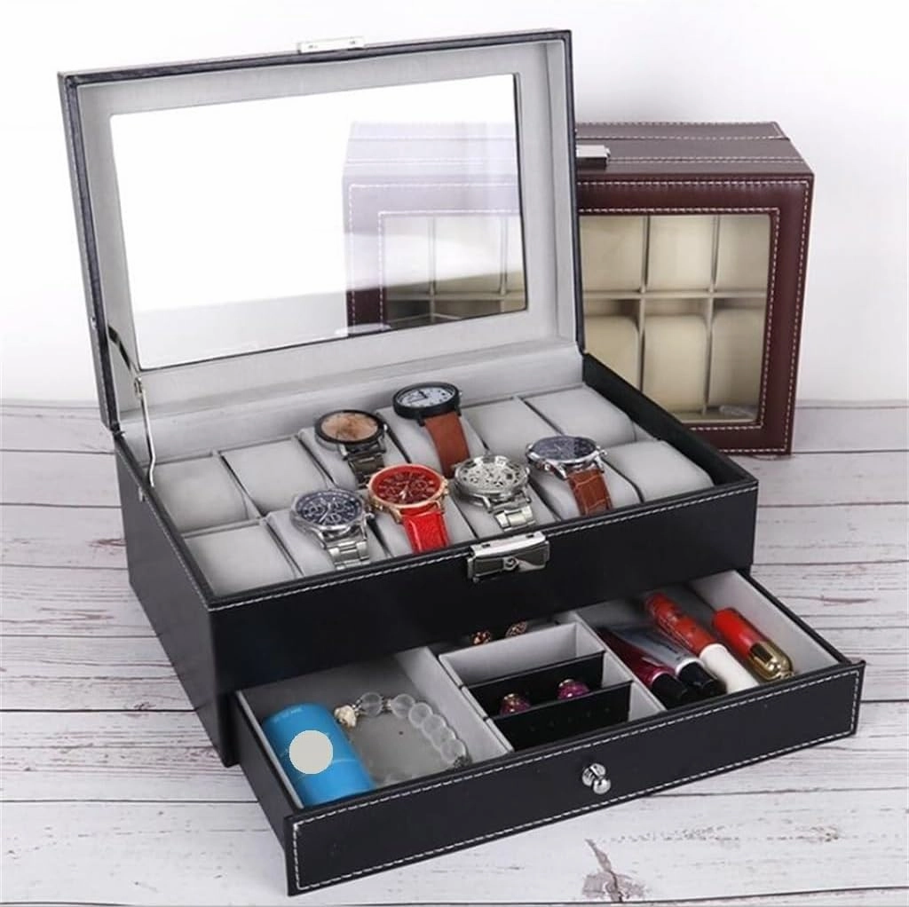 12 Grids PU Leather Watch Case Boxes Organizer Layer Watch Watch Jewelry Storage and Display Box With Word Lock(white-Dinosaur Doodle4)