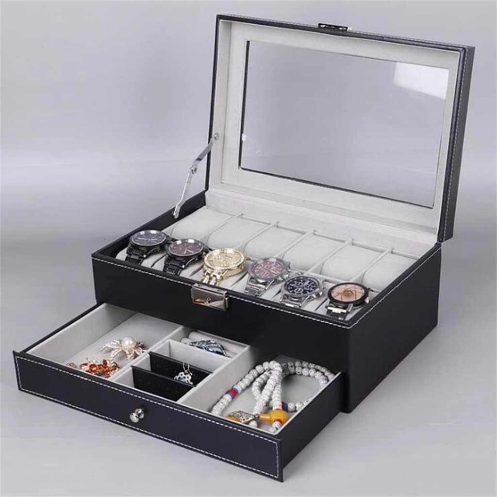 12 Grids PU Leather Watch Case Boxes Organizer Layer Watch Watch Jewelry Storage and Display Box With Word Lock(white-Dinosaur Doodle4)