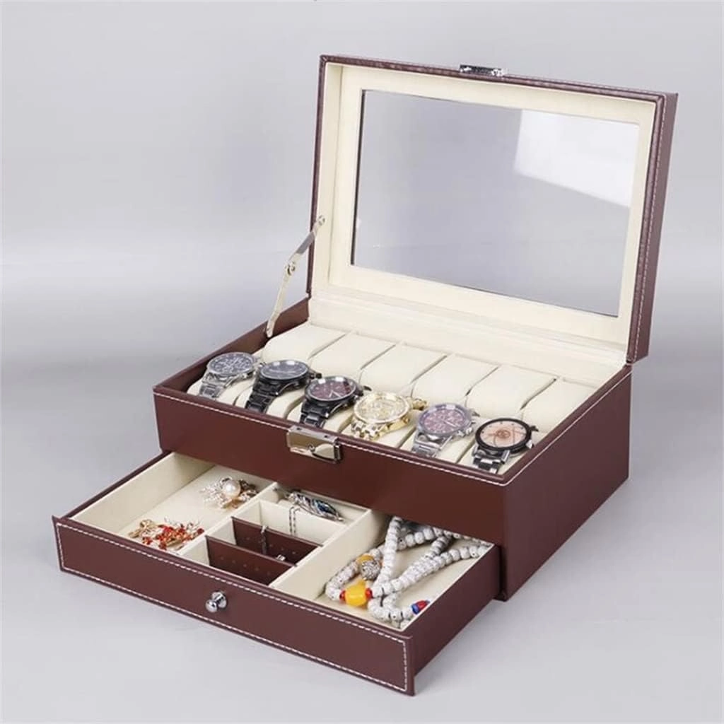 12 Grids PU Leather Watch Case Boxes Organizer Layer Watch Watch Jewelry Storage and Display Box With Word Lock(white-Dinosaur Doodle4)