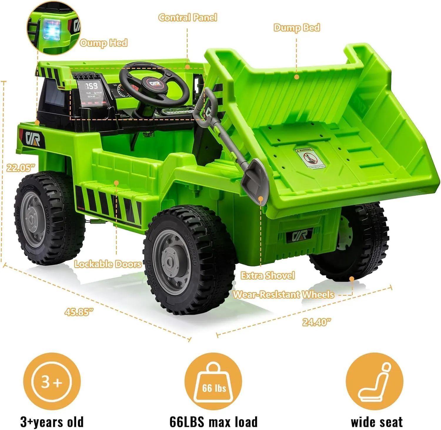 12V Electric Ride-On Construction Truck - 4-Wheeler Toy Car with Remote Control, Dump Bed, Shovel & Music Player | Interactive Construction Vehicle Gift