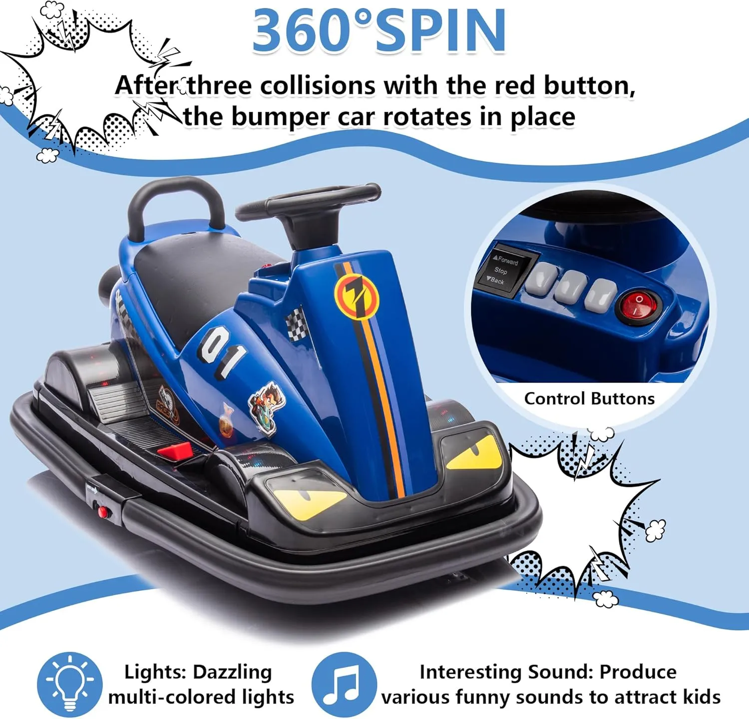 12V Kids Bumper Car, Ride On Toys for Toddlers, Motor Bumper Electric Car for Kids with Horn, Music, Four-Wheel LED Waterfall Lights, Stickers, Capable of 360 Degree Rotation, Blue