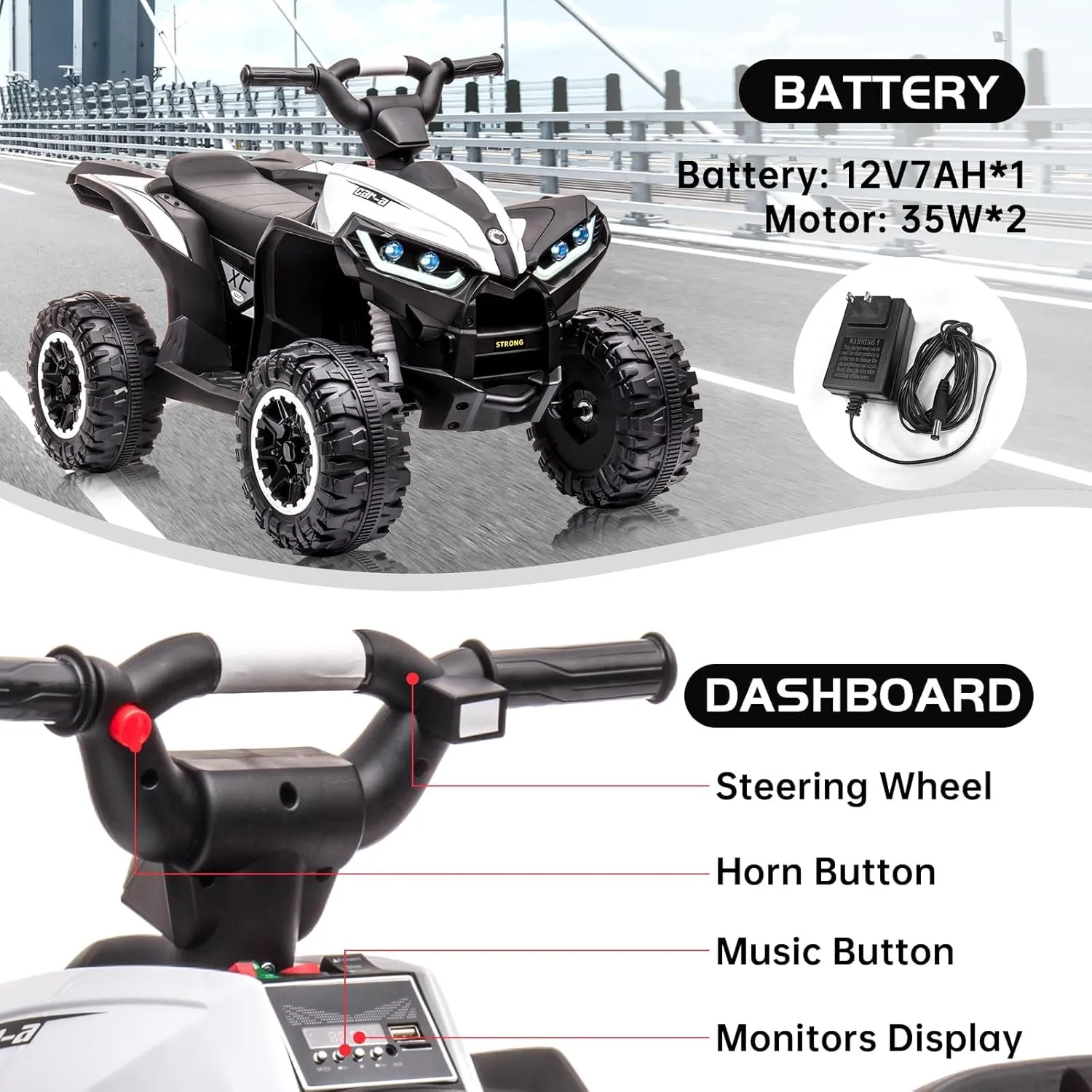 12V Kids Ride-On Electric ATV, 4 Wheel Dual Drive Kids Ride On Car with Parent Remote, High Low Speeds, Music, Battery Powered Ride On Toys for Boys and Girls, White