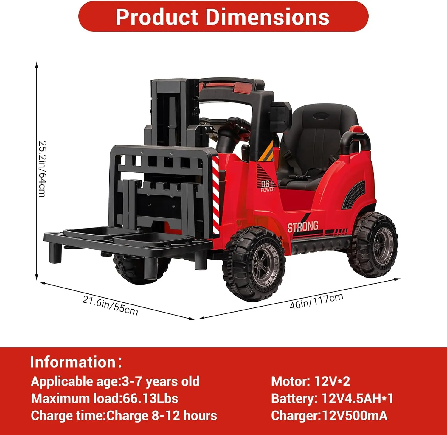 12V Kids Ride On Forklift Car, Electric Ride On Construction Car Toy for Toddles with Remote Control, Liftable Fork and Pallet, Low-Power Alarm, 2 Speeds, Music, Red