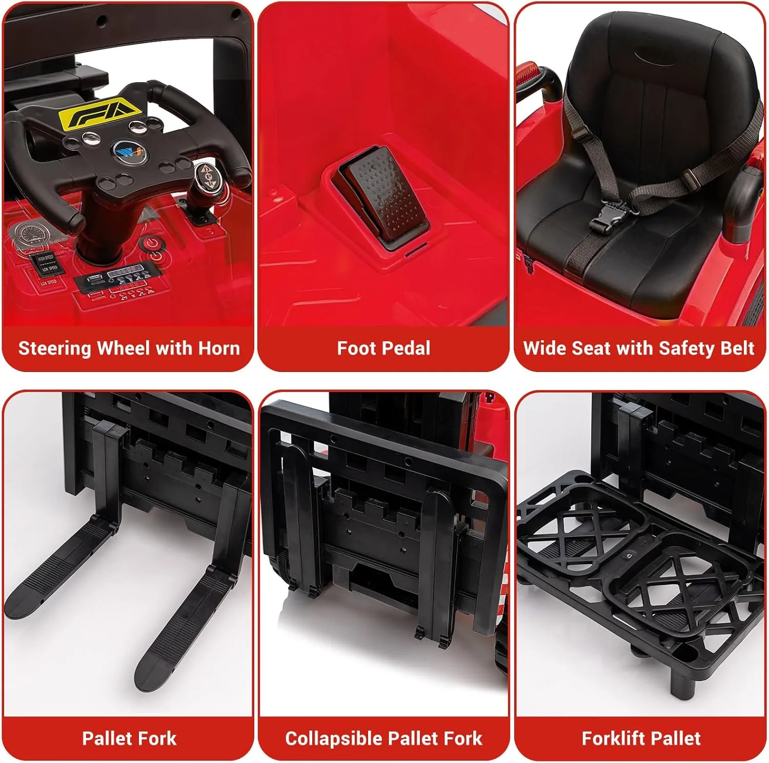 12V Kids Ride On Forklift Car, Electric Ride On Construction Car Toy for Toddles with Remote Control, Liftable Fork and Pallet, Low-Power Alarm, 2 Speeds, Music, Red