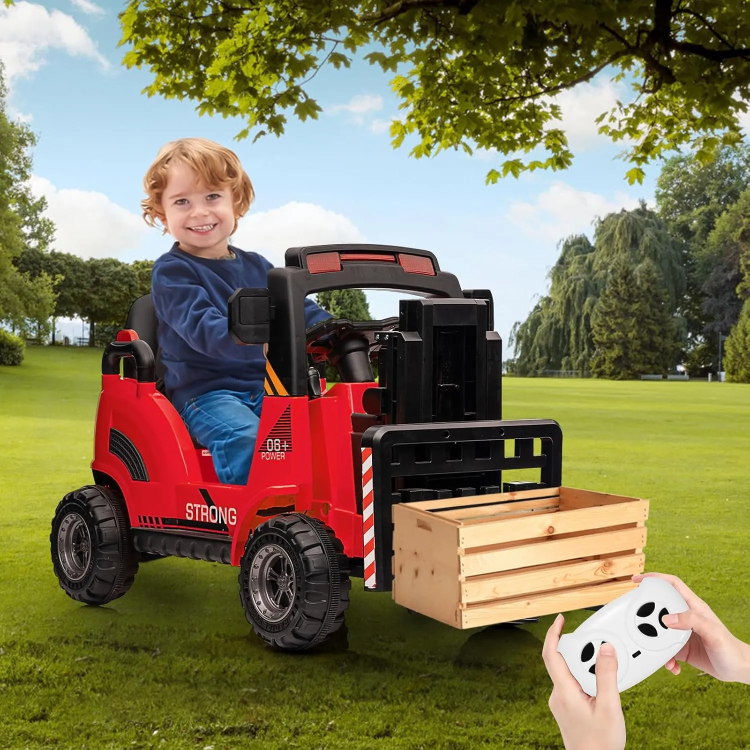 12V Kids Ride On Forklift Car, Electric Ride On Construction Car Toy for Toddles with Remote Control, Liftable Fork and Pallet, Low-Power Alarm, 2 Speeds, Music, Red