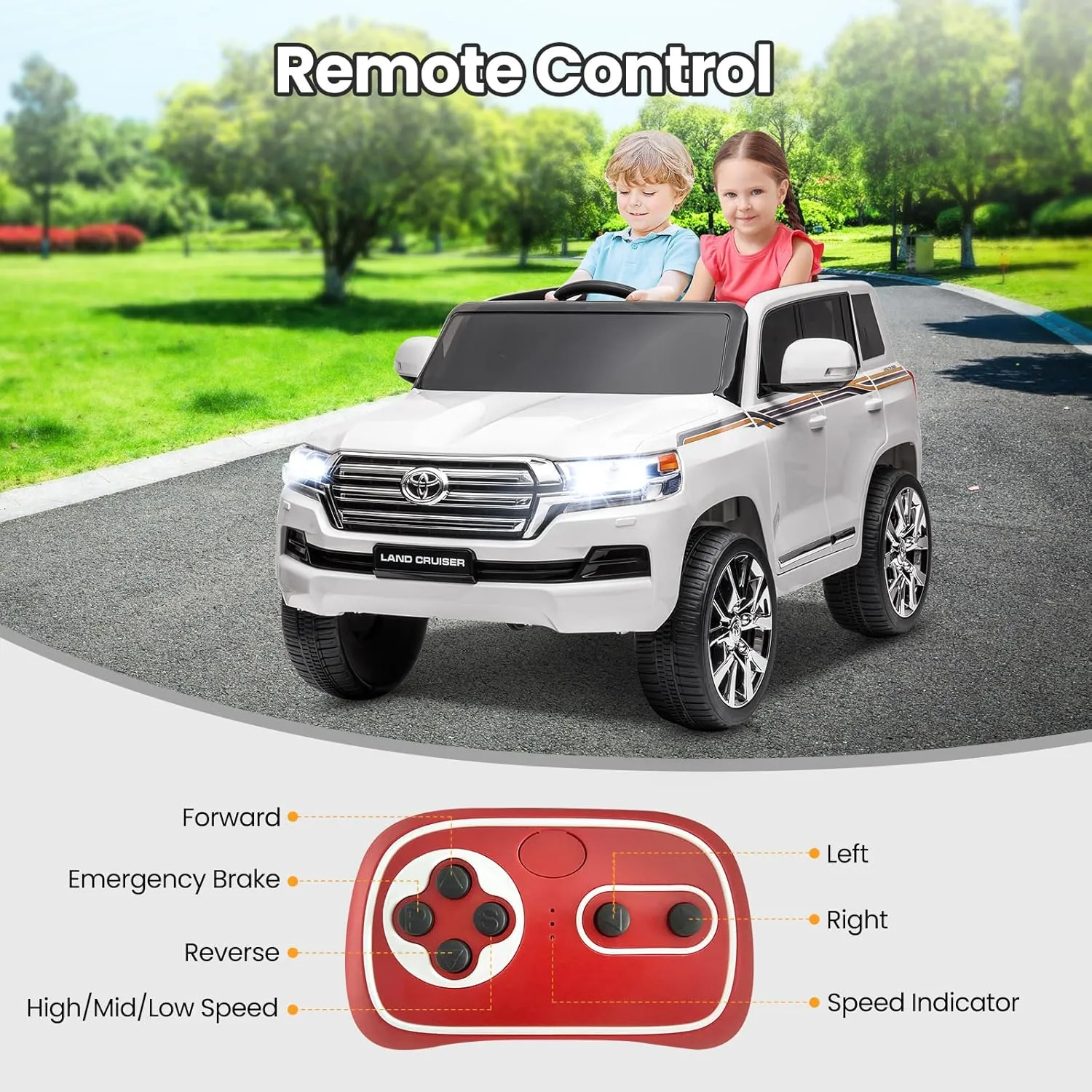12V Ride On Car, Licensed Toyota Land Cruiser with Remote Control, Electric Car for Kids with Battery Powered, 3 Speeds, Music, Horn, LED Lights, White