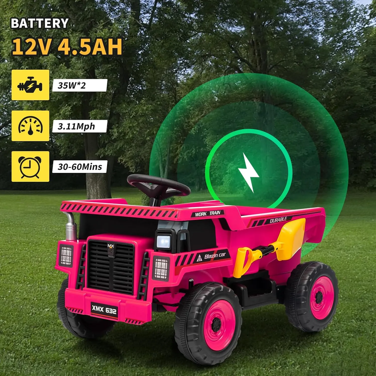 12V Ride On Dump Truck for Kids Electric Ride On Car Toy Toddlers 4 Wheeler Construction Vehicles with Remote Control, Dump Bed, Shovel, LED Lights, Music, for Kids 3-8, Rose Red