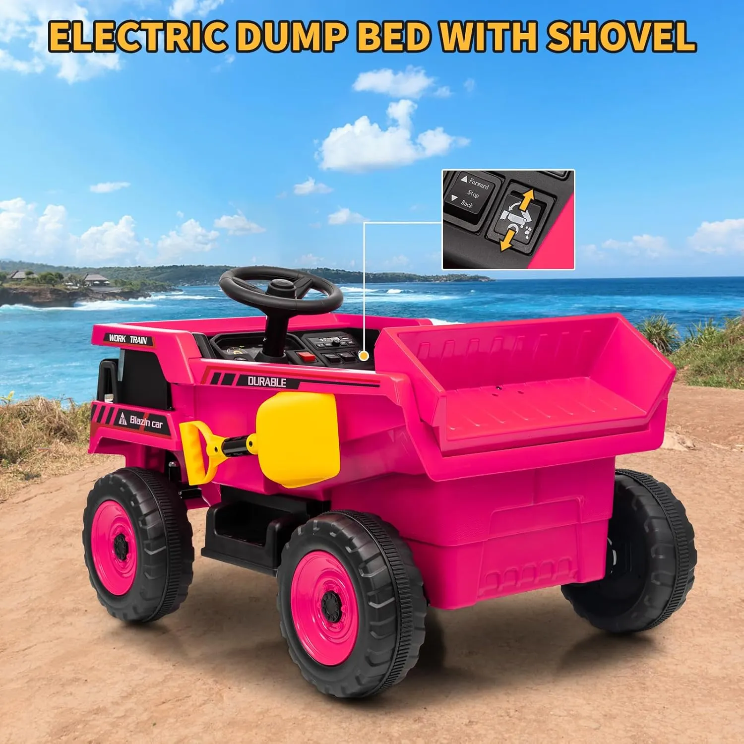 12V Ride On Dump Truck for Kids Electric Ride On Car Toy Toddlers 4 Wheeler Construction Vehicles with Remote Control, Dump Bed, Shovel, LED Lights, Music, for Kids 3-8, Rose Red