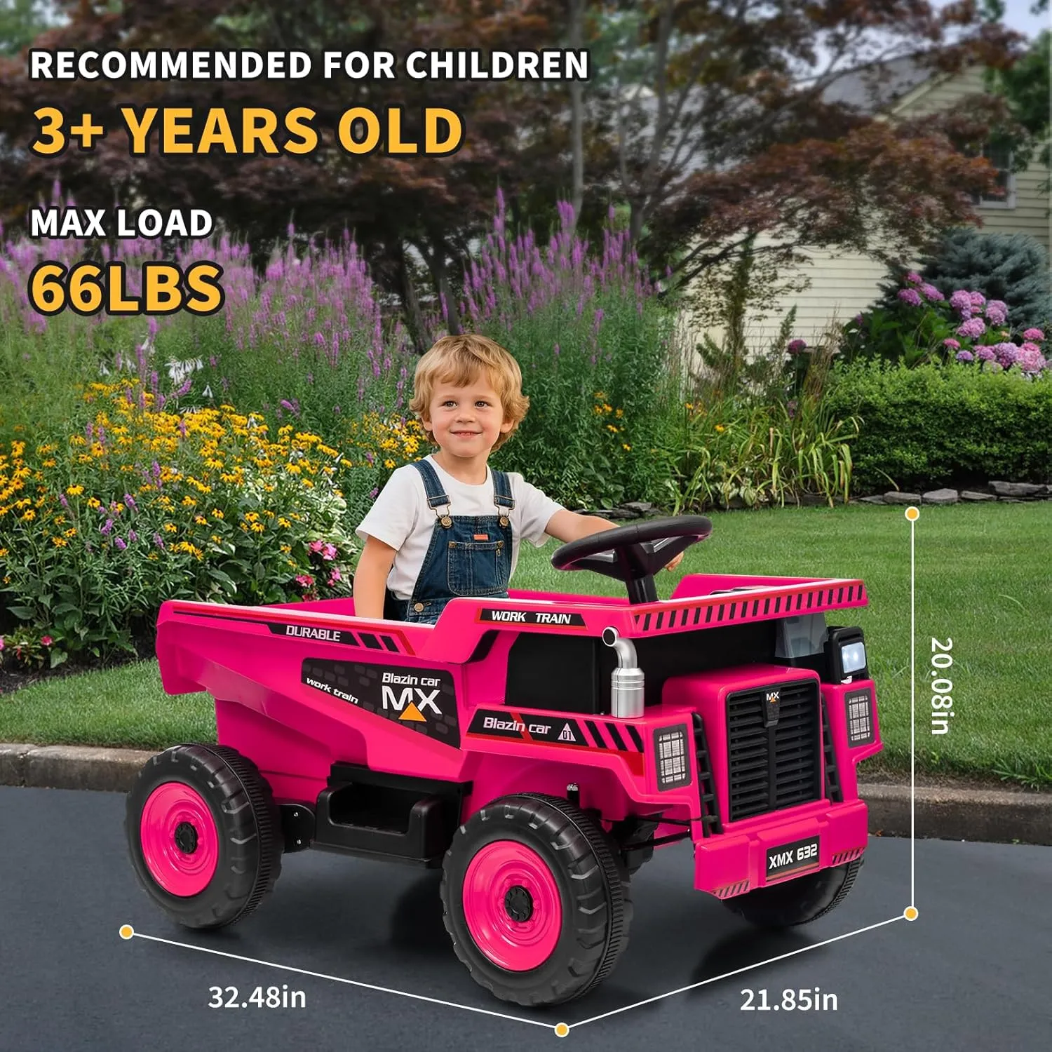 12V Ride On Dump Truck for Kids Electric Ride On Car Toy Toddlers 4 Wheeler Construction Vehicles with Remote Control, Dump Bed, Shovel, LED Lights, Music, for Kids 3-8, Rose Red