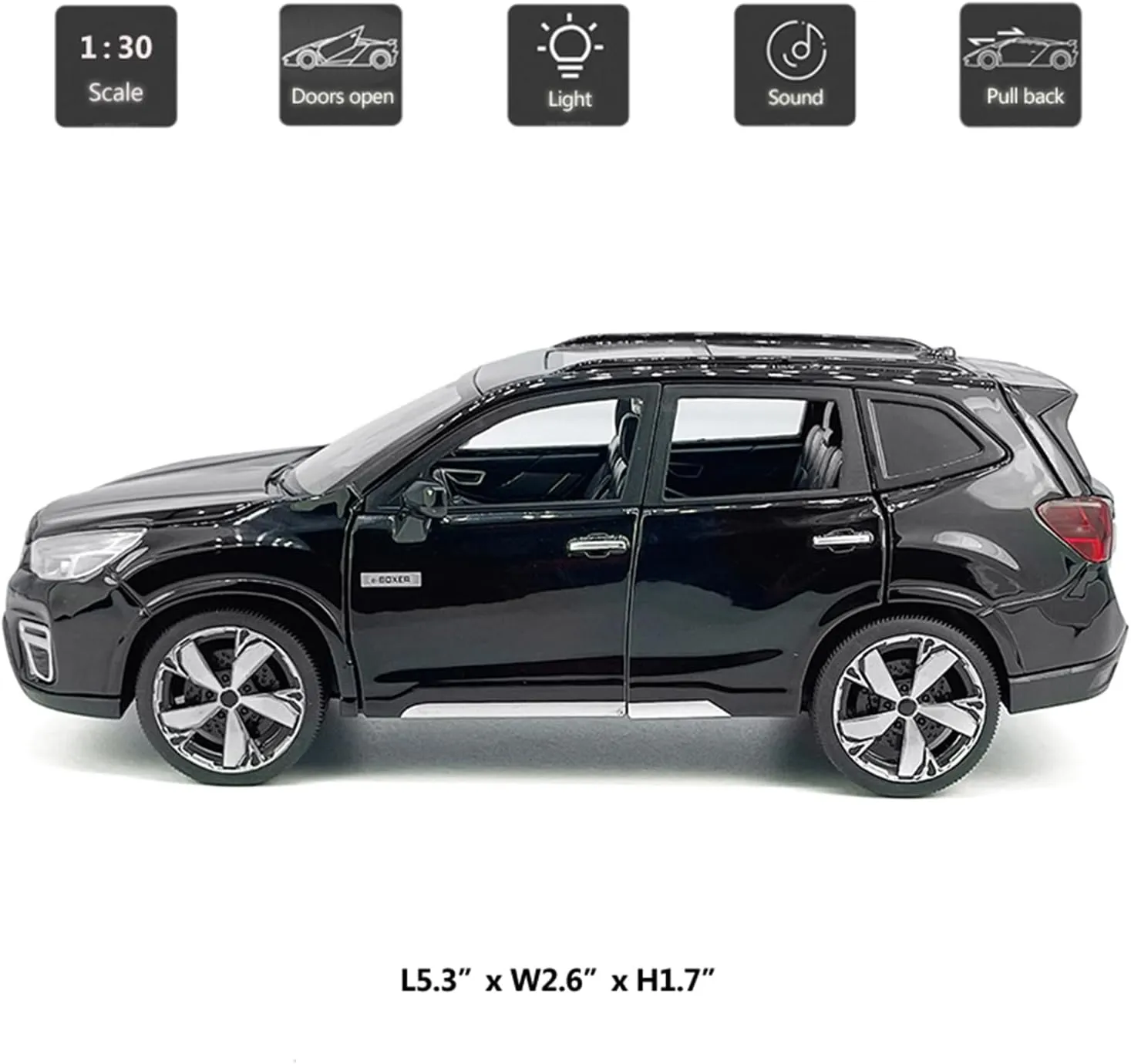 1:30 Scale 2021 Subaru Forester e-Boxer SUV Model Toy Car Metal Diecast Toy Vehicle, Doors Open, Light Sound, Pull Back, Toys for Boys Kids Gifts, Men Collection, Home Office Décor, Black