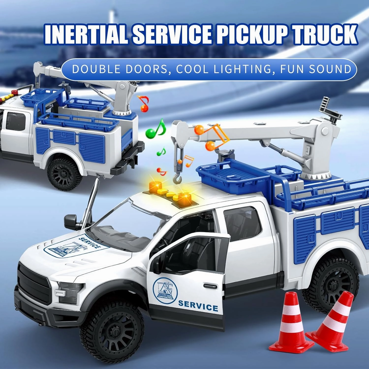 13" Pickup Tow Truck Toy with Lights, Sounds Moving Parts Interactive Drive Vehicle Toddler Toys Kids Toys for 3 4 5 6 Year Old Boy (Blue Crane Pickup)
