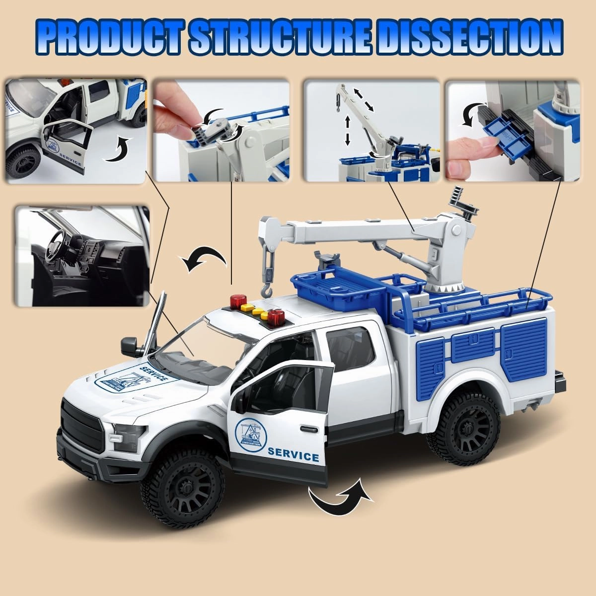 13" Pickup Tow Truck Toy with Lights, Sounds Moving Parts Interactive Drive Vehicle Toddler Toys Kids Toys for 3 4 5 6 Year Old Boy (Blue Crane Pickup)