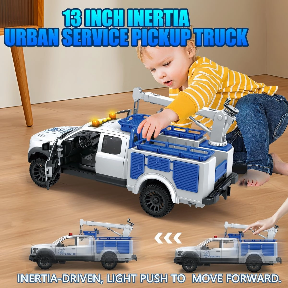 13" Pickup Tow Truck Toy with Lights, Sounds Moving Parts Interactive Drive Vehicle Toddler Toys Kids Toys for 3 4 5 6 Year Old Boy (Blue Crane Pickup)