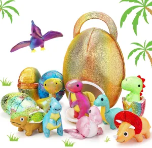 14 Pcs Easter Dinosaur Stuffed Animals Small Dino Plush Toys and Egg Bag Set Cute Glitter Plush Dinosaur Toys for Boys Girls Easter Birthday Party Favors