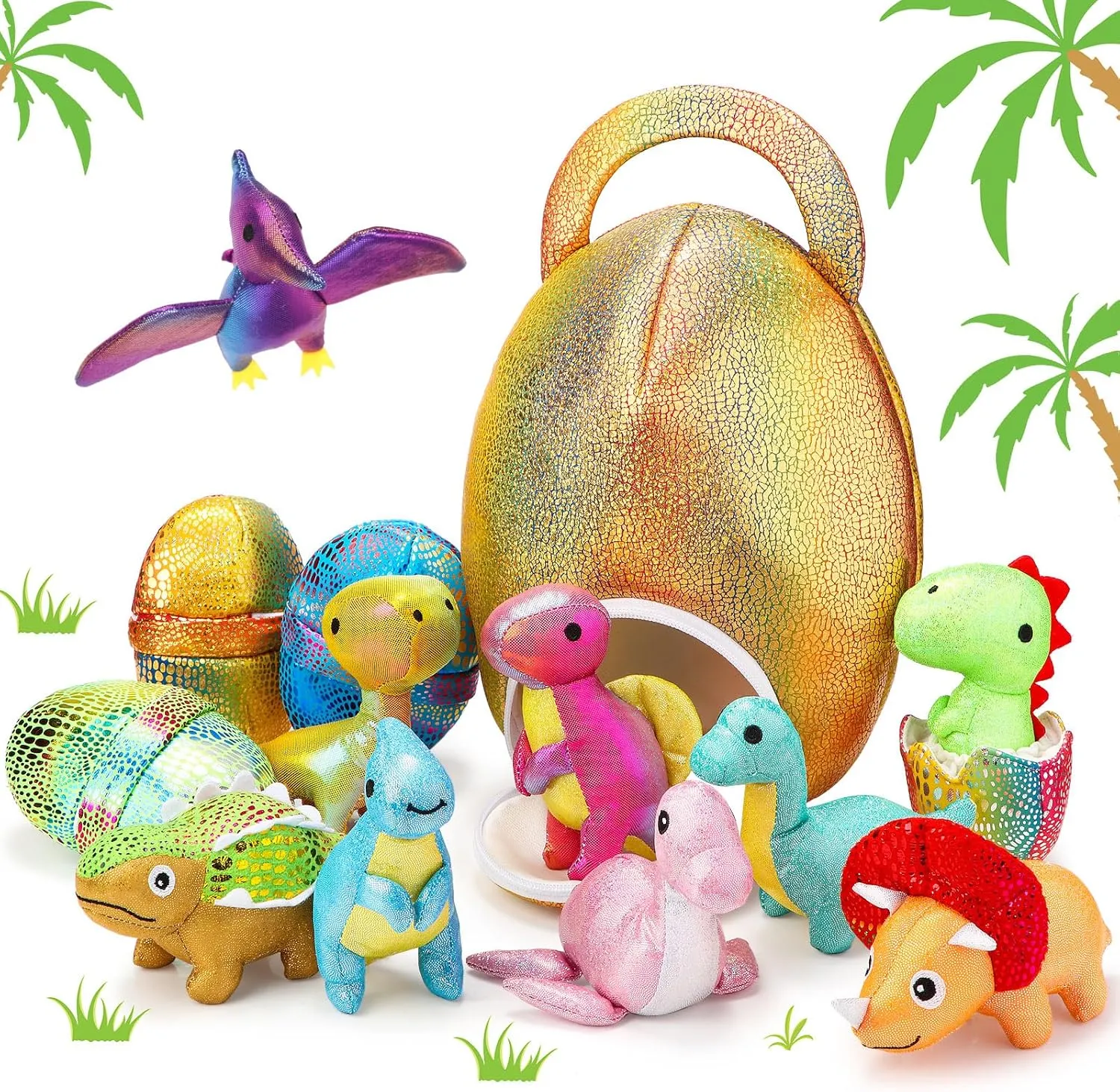 14 Pcs Easter Dinosaur Stuffed Animals Small Dino Plush Toys and Egg Bag Set Cute Glitter Plush Dinosaur Toys for Boys Girls Easter Birthday Party Favors