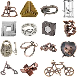 15 pcs IQ Test Puzzle Brain Teaser Metal Wire Puzzles Mind Game Educational Toys Disentanglement Unlock Interlock Game Magics Trick Toy for Party Favor Kids Adults Challenge