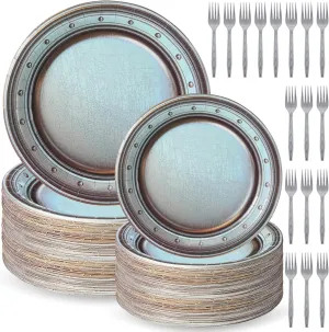 180 Pcs Medieval Party Supplies Disposable Pewter Paper Plates and Forks Tableware Set for Pirate Knight Castle Easter Decorations Dinner Round Silver Grey 9" and 7'' Serves 60