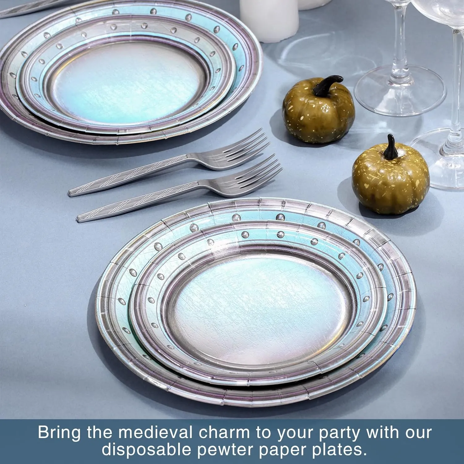 180 Pcs Medieval Party Supplies Disposable Pewter Paper Plates and Forks Tableware Set for Pirate Knight Castle Easter Decorations Dinner Round Silver Grey 9" and 7'' Serves 60