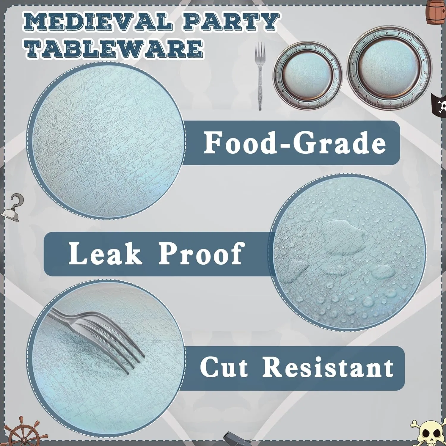 180 Pcs Medieval Party Supplies Disposable Pewter Paper Plates and Forks Tableware Set for Pirate Knight Castle Easter Decorations Dinner Round Silver Grey 9" and 7'' Serves 60