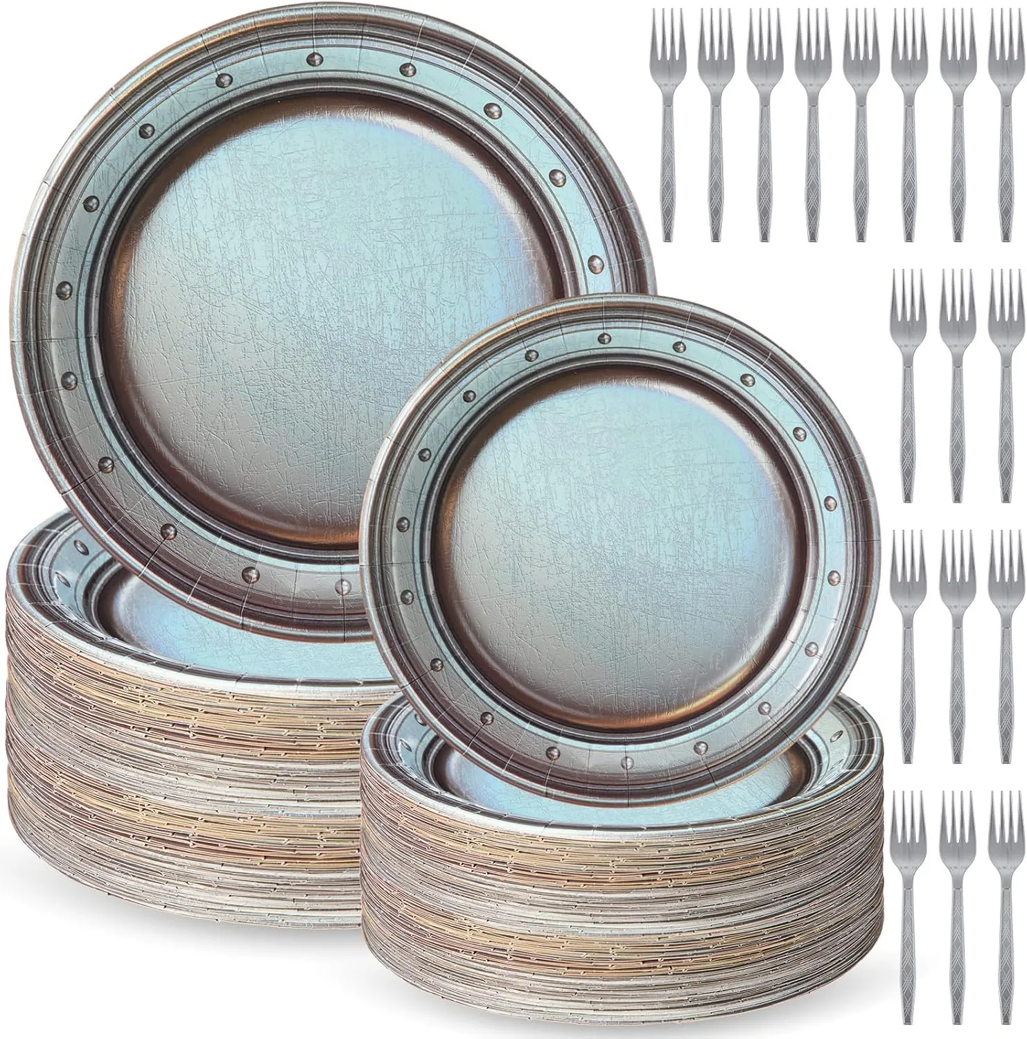 180 Pcs Medieval Party Supplies Disposable Pewter Paper Plates and Forks Tableware Set for Pirate Knight Castle Easter Decorations Dinner Round Silver Grey 9" and 7'' Serves 60