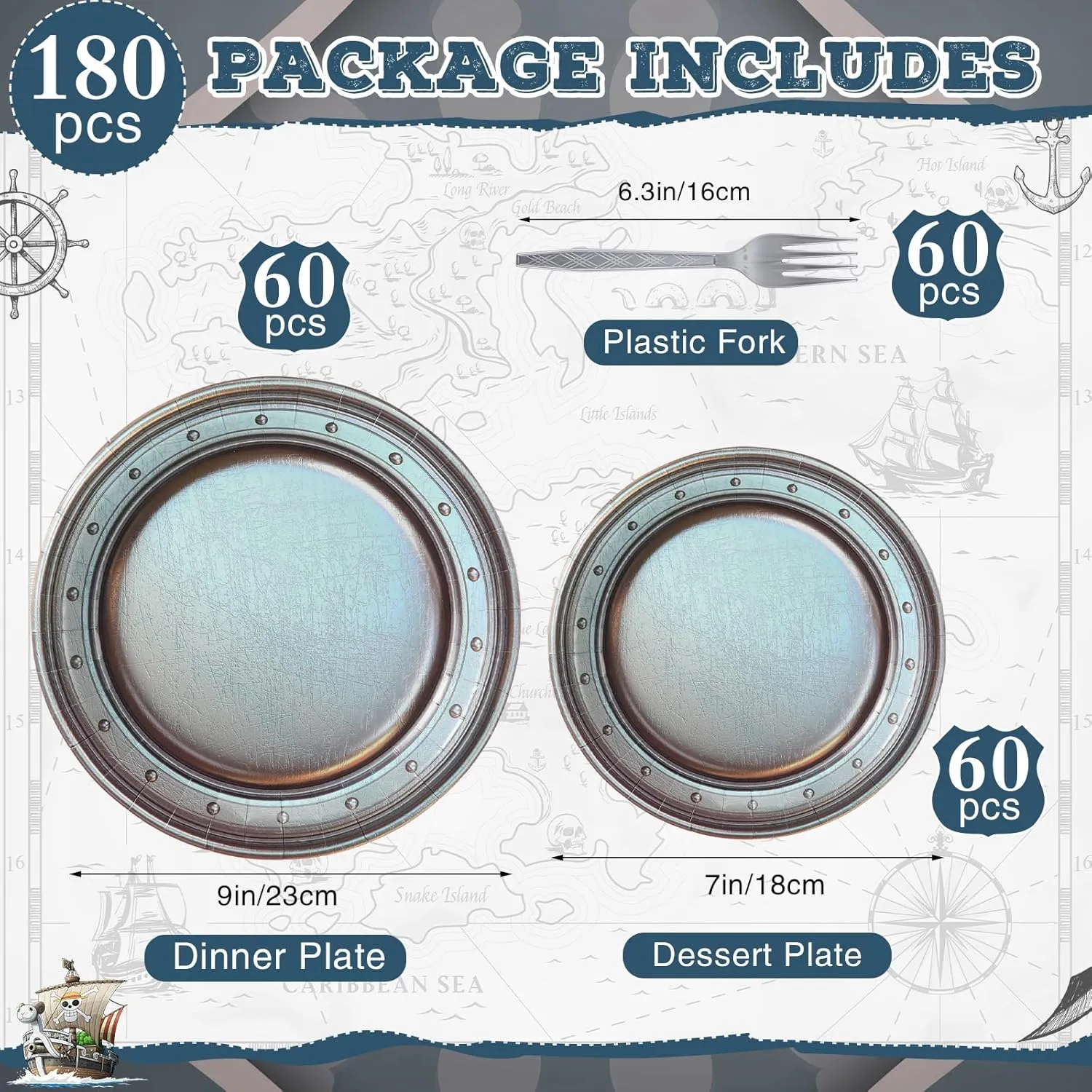 180 Pcs Medieval Party Supplies Disposable Pewter Paper Plates and Forks Tableware Set for Pirate Knight Castle Easter Decorations Dinner Round Silver Grey 9" and 7'' Serves 60