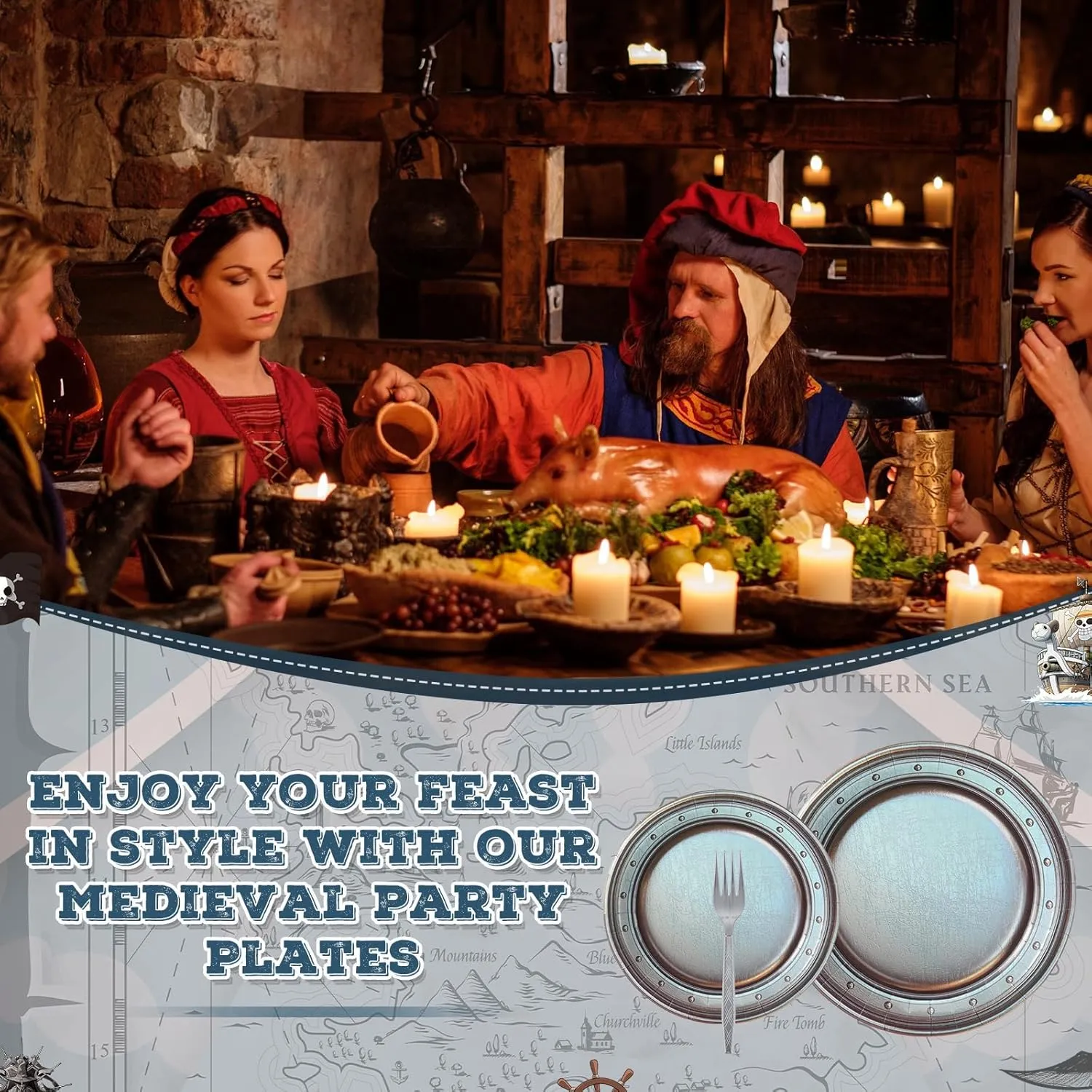 180 Pcs Medieval Party Supplies Disposable Pewter Paper Plates and Forks Tableware Set for Pirate Knight Castle Easter Decorations Dinner Round Silver Grey 9" and 7'' Serves 60
