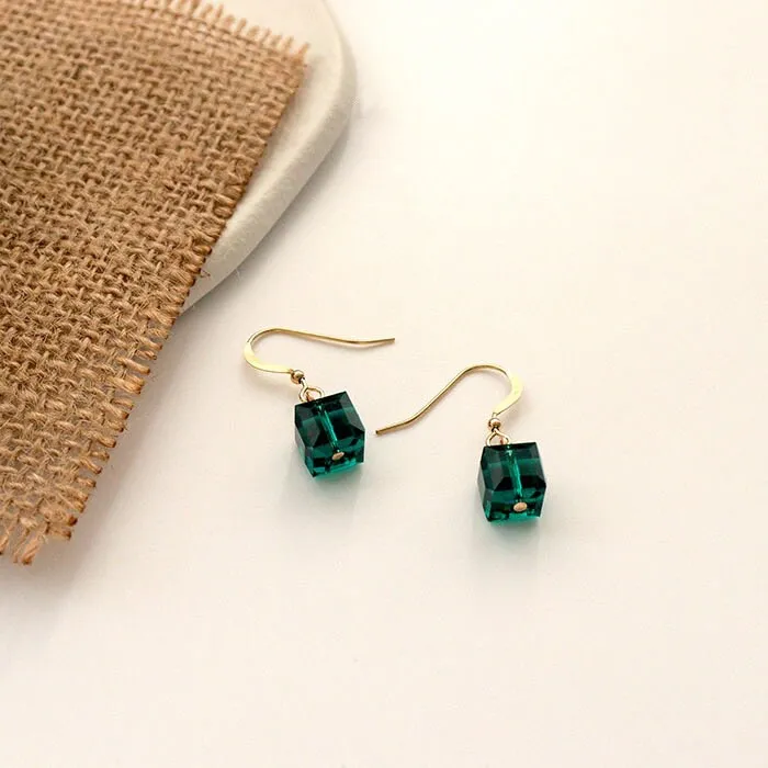 18K Gold Plated 6mm Sugar Cube Green Gold Dangle Earrings