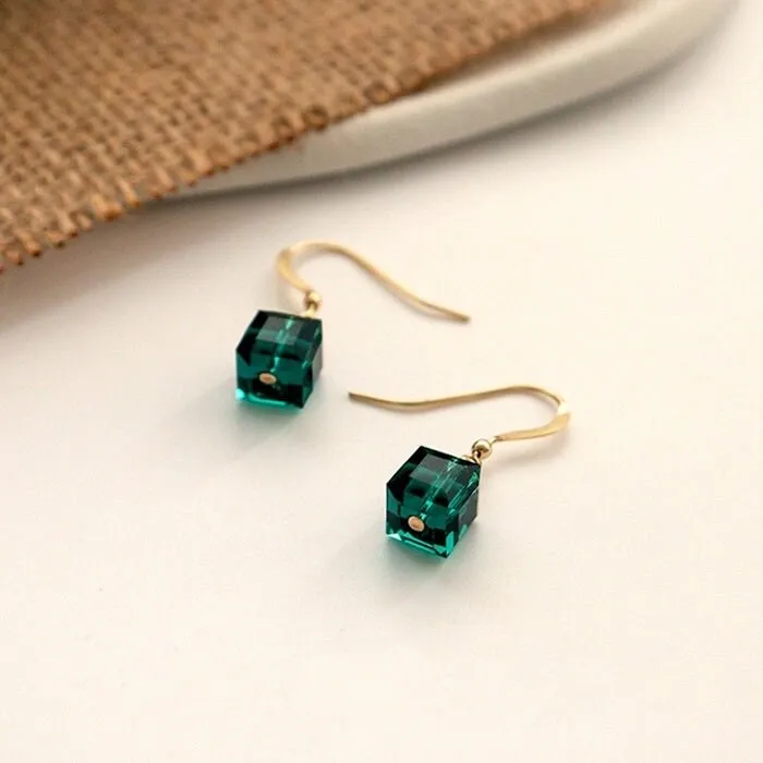 18K Gold Plated 6mm Sugar Cube Green Gold Dangle Earrings