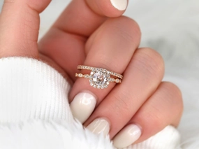 1.19ct Fluffy Christie & Callie 14kt Rose Gold Peach Sapphire Diamonds Cushion Halo Bridal Set