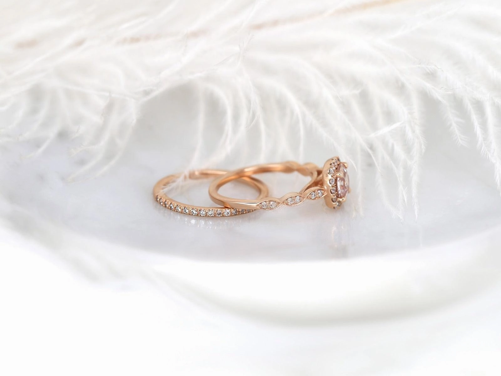 1.19ct Fluffy Christie & Callie 14kt Rose Gold Peach Sapphire Diamonds Cushion Halo Bridal Set