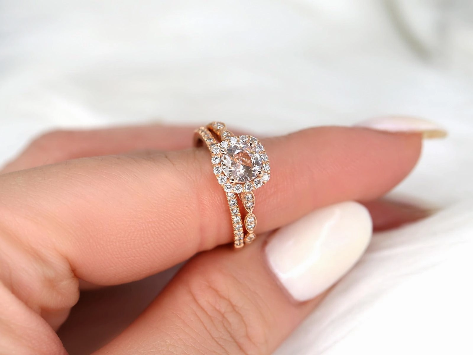 1.19ct Fluffy Christie & Callie 14kt Rose Gold Peach Sapphire Diamonds Cushion Halo Bridal Set