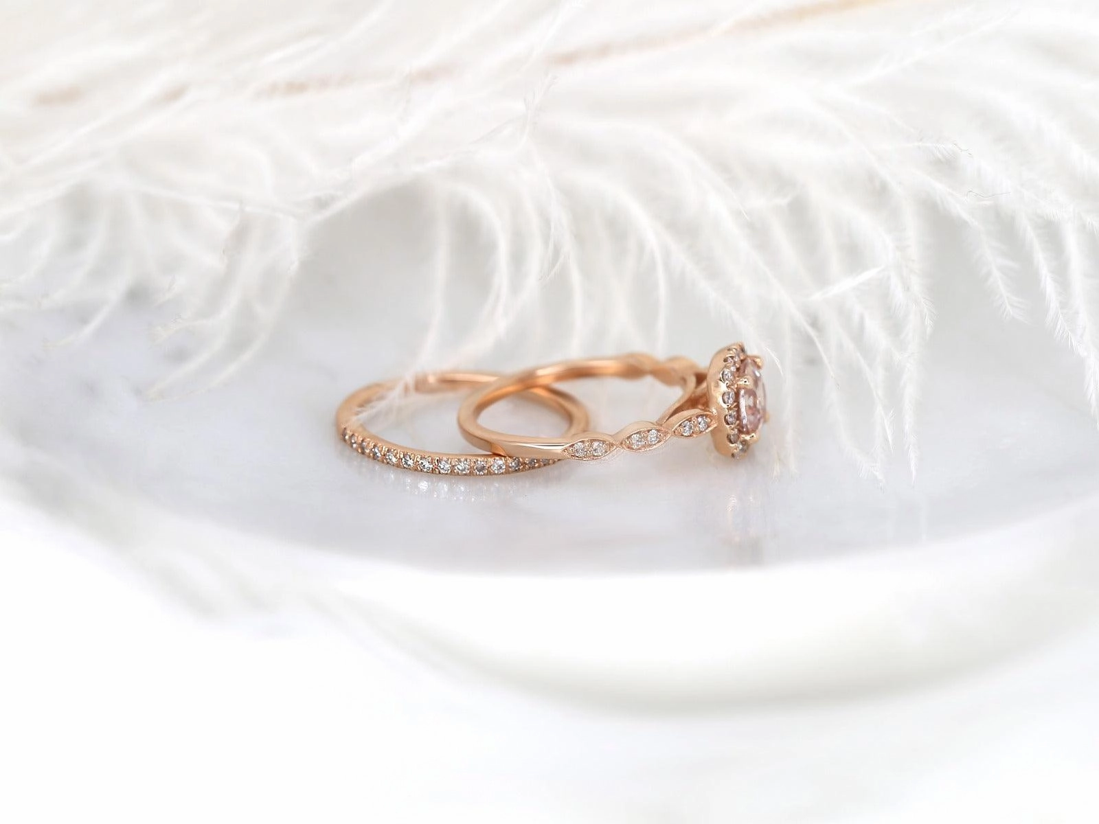 1.19ct Fluffy Christie & Callie 14kt Rose Gold Peach Sapphire Diamonds Cushion Halo Bridal Set