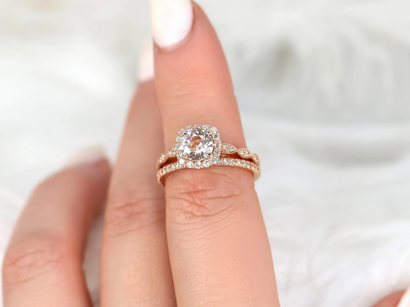 1.19ct Fluffy Christie & Callie 14kt Rose Gold Peach Sapphire Diamonds Cushion Halo Bridal Set