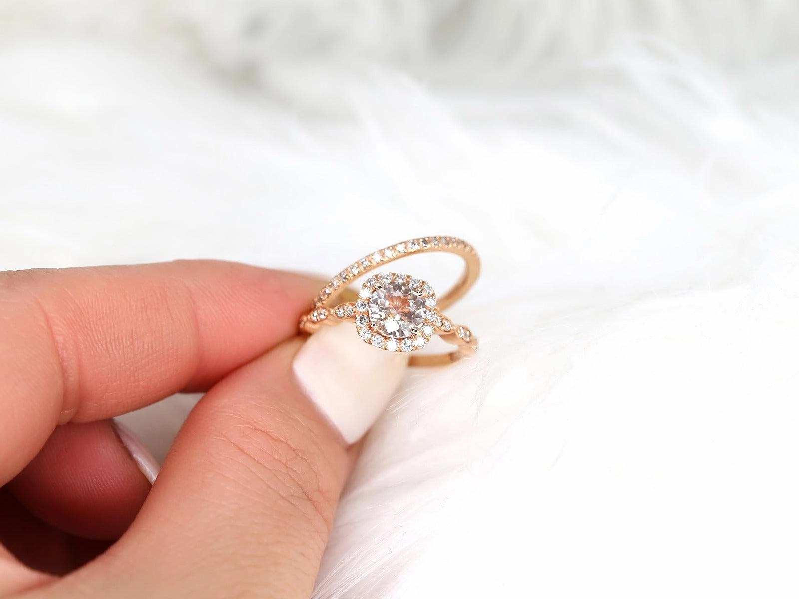1.19ct Fluffy Christie & Callie 14kt Rose Gold Peach Sapphire Diamonds Cushion Halo Bridal Set