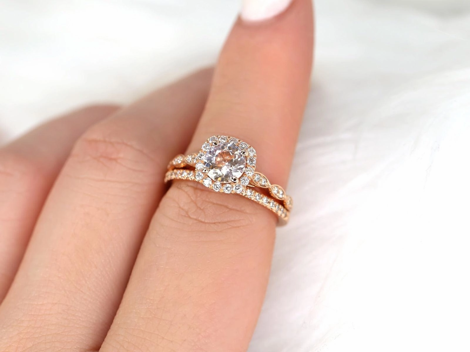 1.19ct Fluffy Christie & Callie 14kt Rose Gold Peach Sapphire Diamonds Cushion Halo Bridal Set