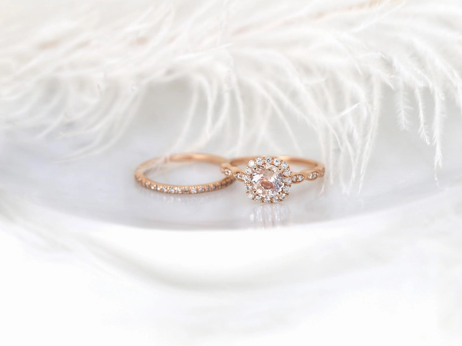 1.19ct Fluffy Christie & Callie 14kt Rose Gold Peach Sapphire Diamonds Cushion Halo Bridal Set