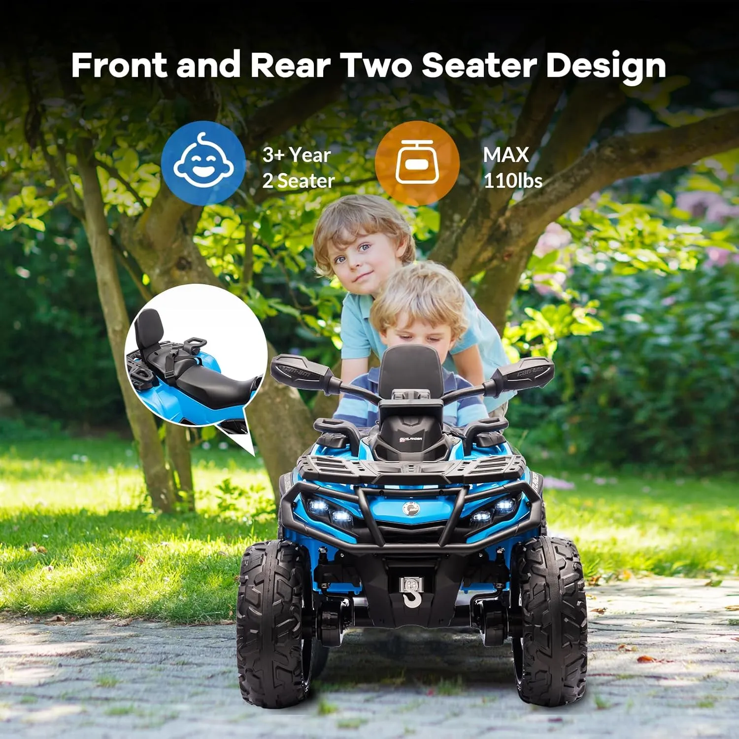 2 Seater Ride On ATV for Kids, 24V Ride On Toy Car with Leather Seat, EVE Wheels, LED Lights, 2WD/4WD Power, Music, 4 Wheeler Electric Car Battery Powered for Boys Girls, Blue