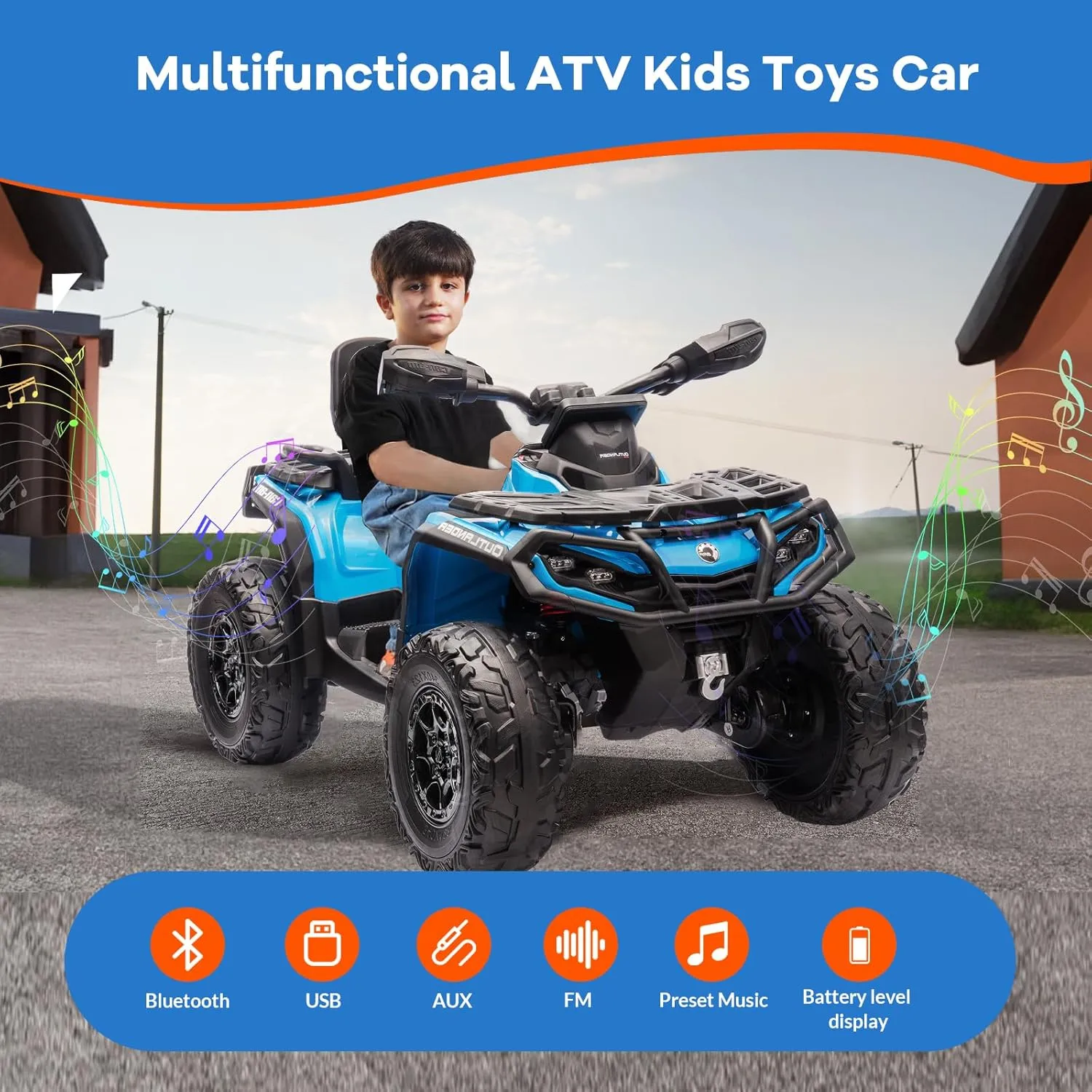 2 Seater Ride On ATV for Kids, 24V Ride On Toy Car with Leather Seat, EVE Wheels, LED Lights, 2WD/4WD Power, Music, 4 Wheeler Electric Car Battery Powered for Boys Girls, Blue