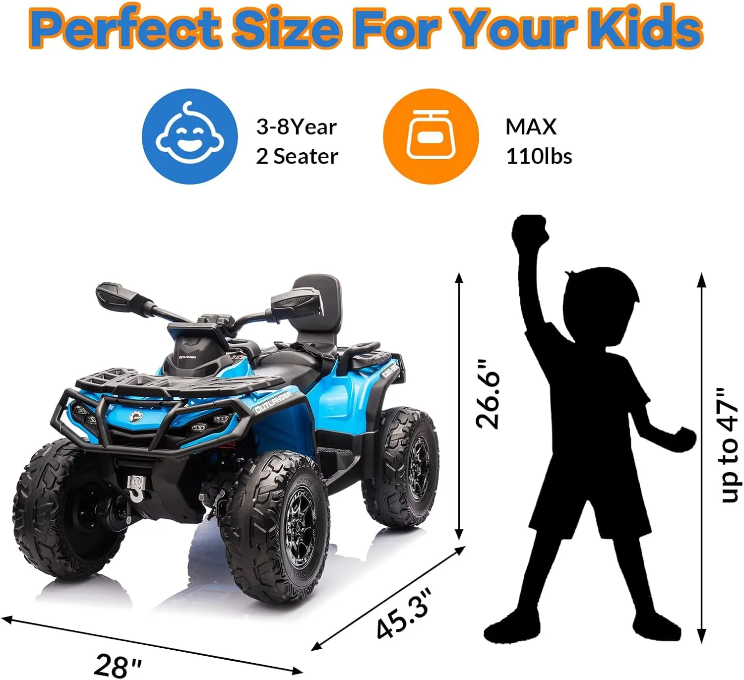 2 Seater Ride On ATV for Kids, 24V Ride On Toy Car with Leather Seat, EVE Wheels, LED Lights, 2WD/4WD Power, Music, 4 Wheeler Electric Car Battery Powered for Boys Girls, Blue