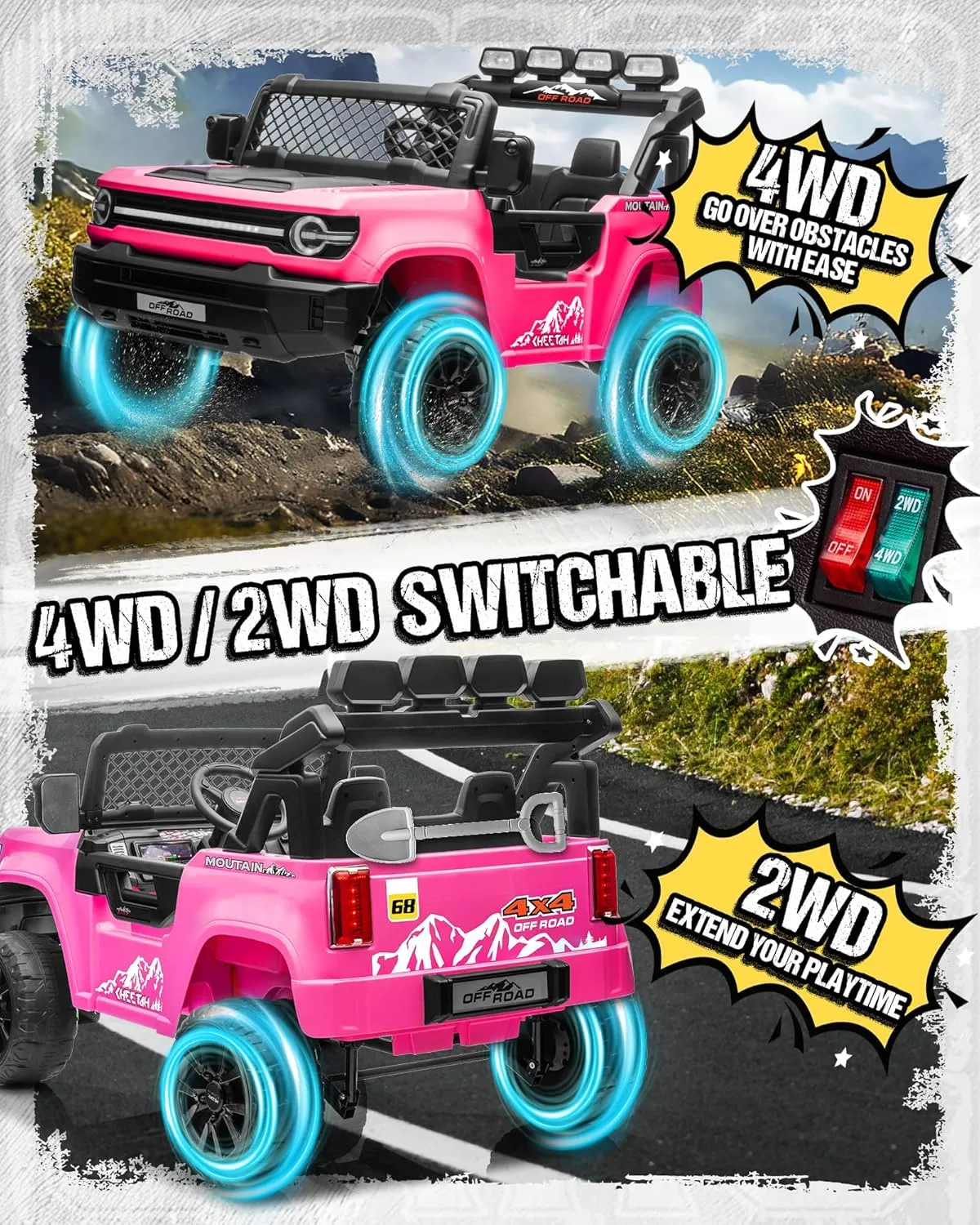 2 Seater Ride On Car for Kids, 24v 4WD Electric Ride On Truck Toy w/Remote Control & Shovel, 22" Seat, 4x200W Motors, Bluetooth, Music, Cool LED Lights, 24 Volts Ride on Toy for Boy Girl, Pink