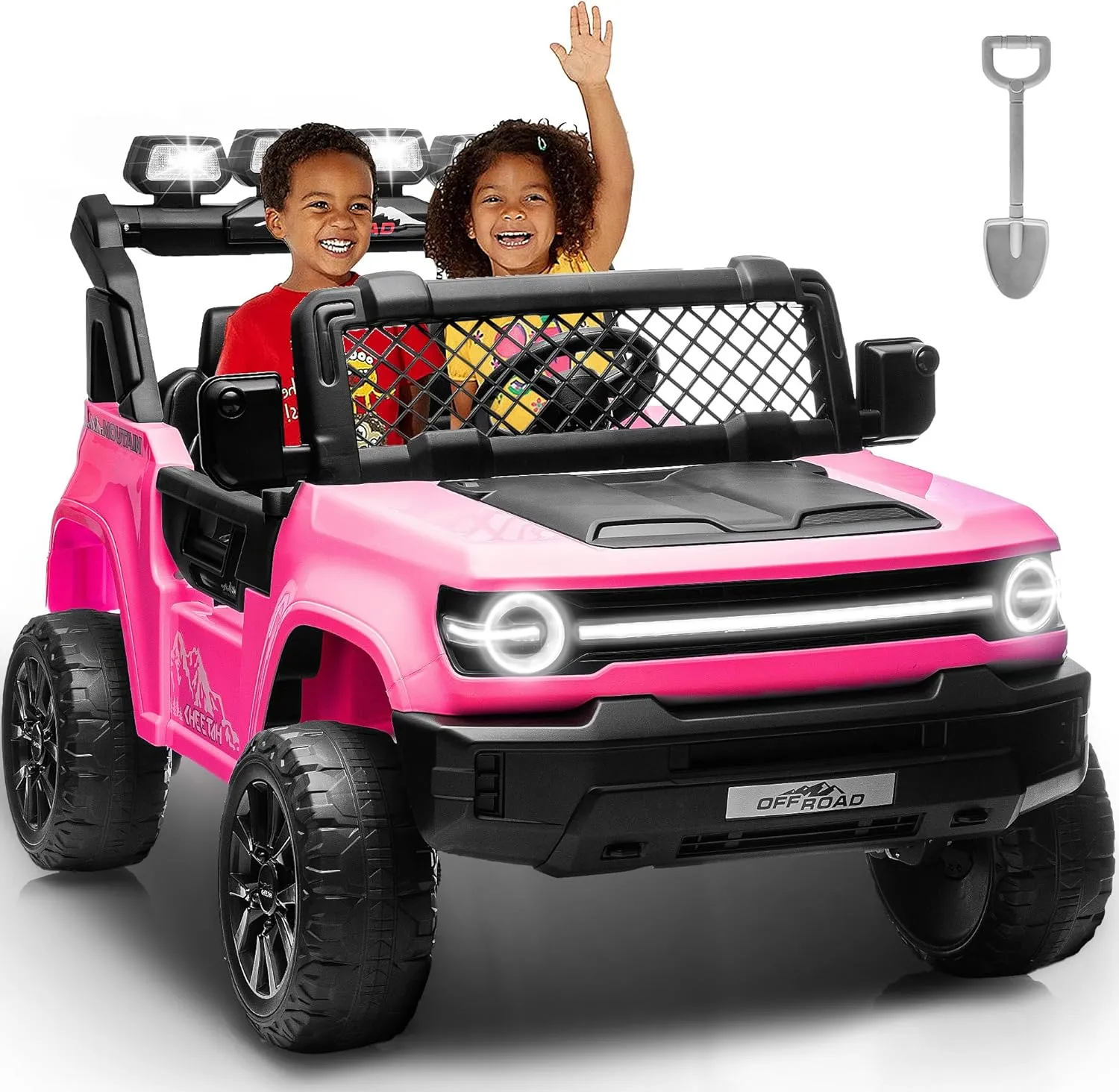 2 Seater Ride On Car for Kids, 24v 4WD Electric Ride On Truck Toy w/Remote Control & Shovel, 22" Seat, 4x200W Motors, Bluetooth, Music, Cool LED Lights, 24 Volts Ride on Toy for Boy Girl, Pink