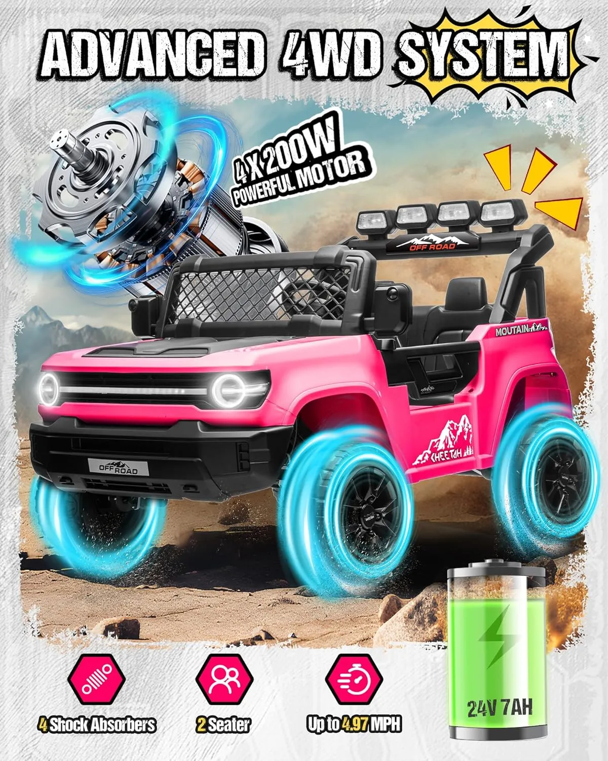 2 Seater Ride On Car for Kids, 24v 4WD Electric Ride On Truck Toy w/Remote Control & Shovel, 22" Seat, 4x200W Motors, Bluetooth, Music, Cool LED Lights, 24 Volts Ride on Toy for Boy Girl, Pink