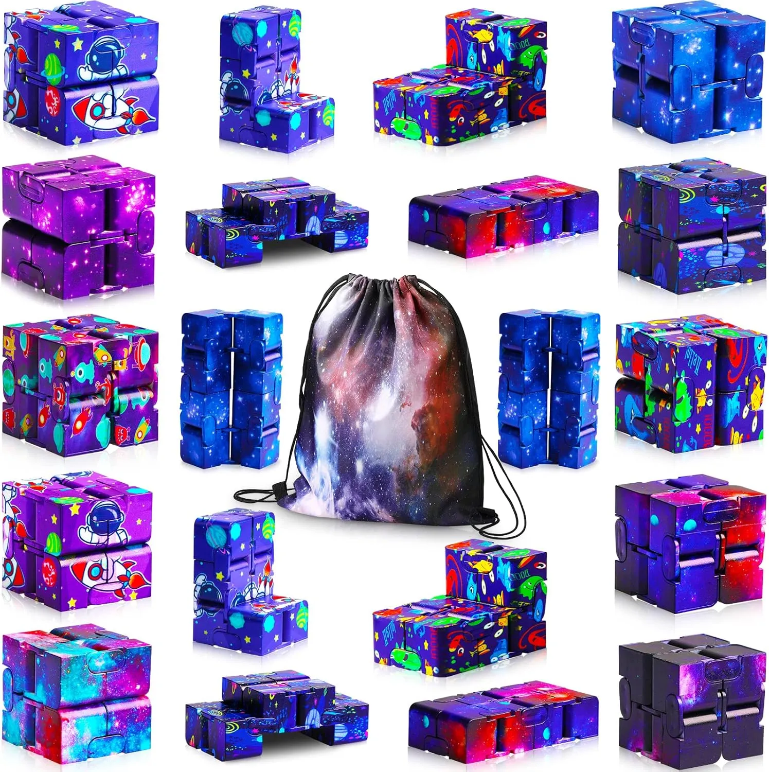 20 Pcs Galaxy Infinity Cube Toy Bulk with Bag Mini Blocks Cube Gadget Sensory Toy Stress Anxiety Relief Magic Puzzle Flip Hand Held Fidget Blocks Party Stuffers for Kids Adults ADHD